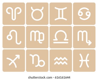 Set of geometric zodiac symbols, white in tan colored squares