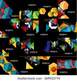 Set of geometrical abstract black backgrounds with multicolored shapes
