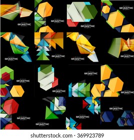 Conjunto de fondos geométricos abstractos de color negro con formas multicolores