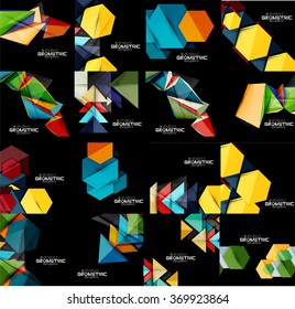 Satz geometrisch abstrakter schwarzer Hintergründe mit mehrfarbigen Formen