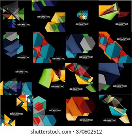 Set of geometrical abstract black backgrounds with multicolored shapes
