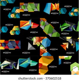 Set of geometrical abstract black backgrounds with multicolored shapes
