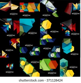 Set of geometrical abstract black backgrounds with multicolored shapes