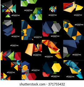 Satz geometrisch abstrakter schwarzer Hintergründe mit mehrfarbigen Formen