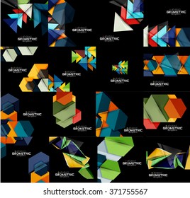 Set of geometrical abstract black backgrounds with multicolored shapes