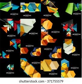 Conjunto de fondos geométricos abstractos de color negro con formas multicolores