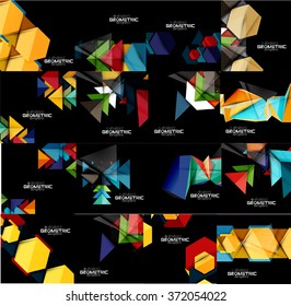 Set of geometrical abstract black backgrounds with multicolored shapes