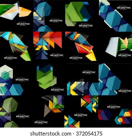 Conjunto de fondos geométricos abstractos de color negro con formas multicolores