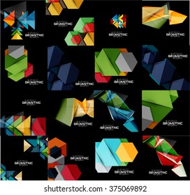 Set of geometrical abstract black backgrounds with multicolored shapes