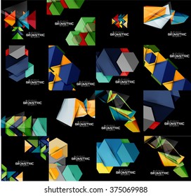Set of geometrical abstract black backgrounds with multicolored shapes