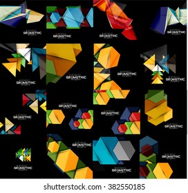 Set of geometrical abstract black backgrounds with multicolored shapes