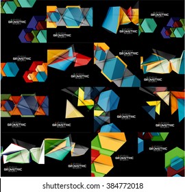 Set of geometrical abstract black backgrounds with multicolored shapes