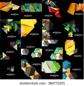 Set of geometrical abstract black backgrounds with multicolored shapes