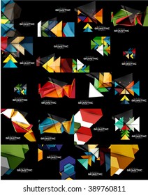 Set of geometrical abstract black backgrounds with multicolored shapes. Vector universal presentation template or web banner layout