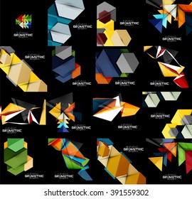 Conjunto de fondos geométricos abstractos de color negro con formas multicolores. Plantilla de presentación universal de vectores o diseño de banners web