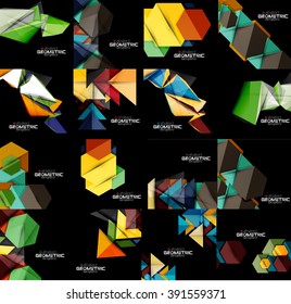 Set of geometrical abstract black backgrounds with multicolored shapes. Vector universal presentation template or web banner layout