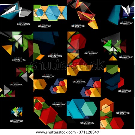 Set of geometrical abstract black backgrounds with multicolored shapes