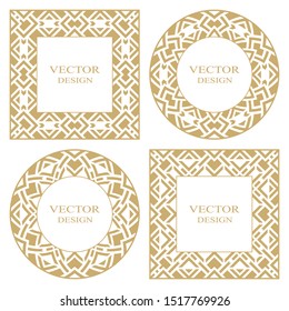  Set of a geometrical circular and rectangular stylish frames. Art ornament of elements of design of luxury goods, logos, monograms. Vector illustration.