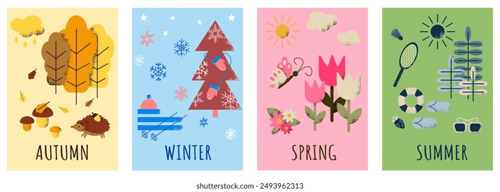 Set of geometrical contrast posters with seasons and text in flat simple style. Vector modern compositions with related elements to each season. Good for posters or calendar