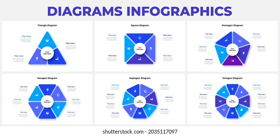 Set of geometrical cycle infographic with a central circle. Business data visualization. Template for presentation. Design concept with 3, 4, 5, 6, 7 and 8 options.