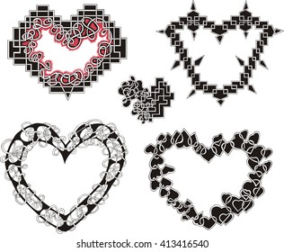 Set of geometrical decorative 3D figures of hearts. Vector illustrations.