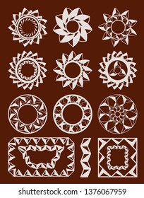 Set of geometrical forms isolated on brown background. Round, squares and other different forms. Die Cut. Template. Simple Illustation. Stencil. Stamp. Ornament. Perfect for paper and wood die cut. 