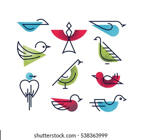 Set of geometrical monoline and color with halftone texture abstract birds, isolated line nature life symbols. 