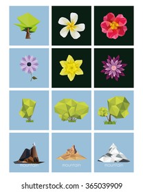 a set of geometrical natural figures on blue backgrounds