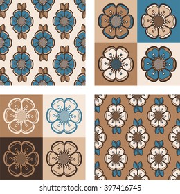 Set of geometrical pattern with abstract flowers, seamless vector backgrounds. For fashion textile, cloth, backgrounds. Retro colors - brown, teal.