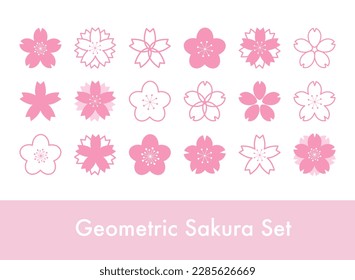 Set of geometrical sakura flower stamp symbols, cherry blossom outline decoration icons. Cute Japanese spring hanami flower shape elements. Vector illustration EPS 10