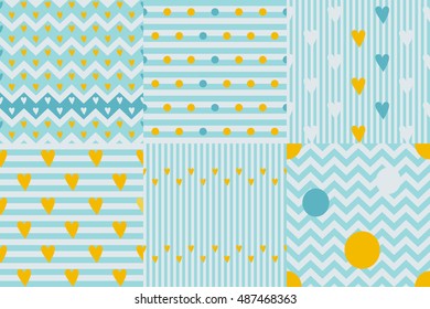 Set of geometrical seamless patterns. Striped background, retro style, pop art. Circles and hearts on  blue striped background. Vector illustration