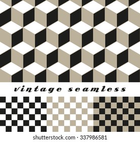 a set of geometrical seamless tiles with cubic and check board patterns in silver shades
