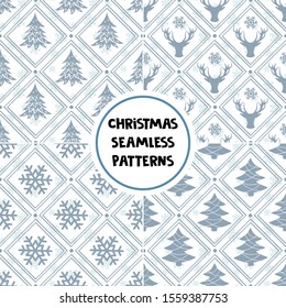 Set of geometrical seamless winter patterns; Christmas holiday design with winter elements for greeting card, gift box, wallpaper, wrapping paper, fabric, web design.