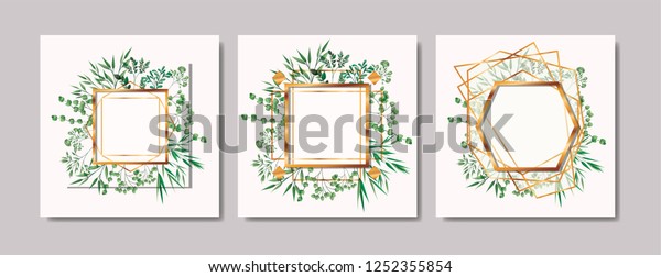 Set Geometrics Golden Frames Leafs Stock Vector (Royalty Free) 1252355854