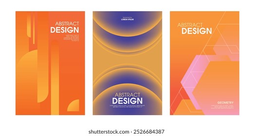 Set of geometry abstract modern poster, flyer template. Minimal round, hexagonal shape. Layering objects, neon and gradient. Prism shap, monotone, hot tone, futurism, ideal for social media, website