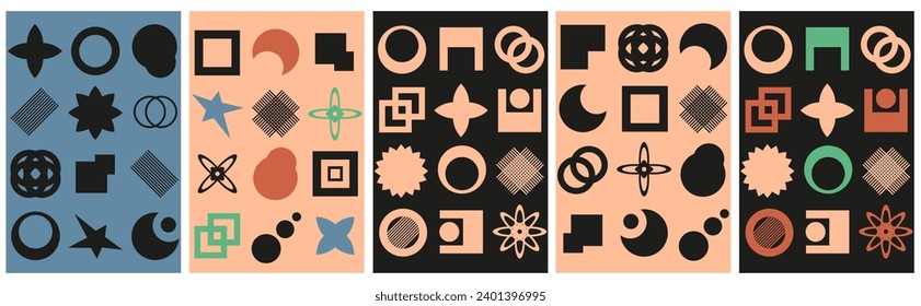 Set Geometry abstract shapes backgrounds. Geometric posters in trendy retro Brutalist style. Minimalism Vector illustration EPS 10 