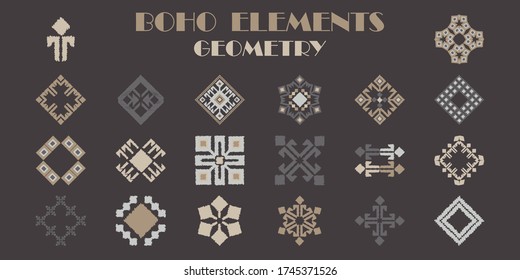 Set: Geometry. Design with manual hatching. Ethnic boho ornament. Vector illustration for web design or print.