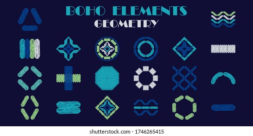 Set: Geometrie. Design mit manueller Schraffierung. Ethnischer Boho-Ornament. Vector Illustration für Webdesign oder Print.