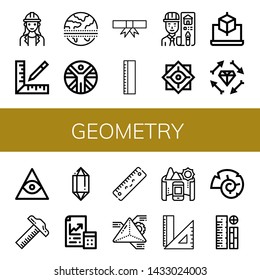 Set of geometry icons such as Architect, Ruler, Equator, Vitruvian man, Degree, Philosophy, Cube, Boho, Freemasonry, Crystal, Maths, Geometry, Panorama, Rulers, Nautilus , geometry