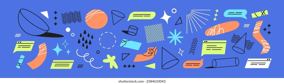 Set of geometry items. Different maths figures, outline geometric shapes: circles, cylinders. Abstract signs, elements, speech bubbles, doodles, lines, forms. Flat isolated vector illustrations