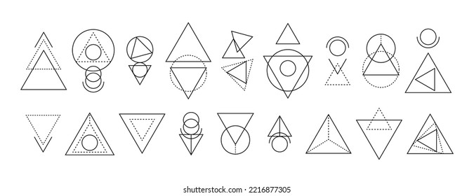 Set of geometry linear shapes. Magical and mystical ornaments, decorative elements, doodle outline esoteric signs symbols for Tattoo, Mehendi and printing. Abstract mysterious shapes with dotted lines