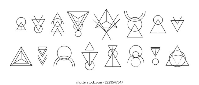 Set of geometry linear shapes. Magical and mystical ornaments, decorative elements, doodle outline esoteric signs symbols for Tattoo, Mehendi and printing. Abstract mysterious shapes with dotted lines