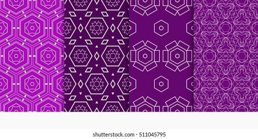 set of geometry seamless pattern. abstract geometry triangle, hexagon. vector illustration. modern ornament. purple color For design, wallpaper, background fills, card, banner