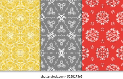 set of geometry seamless pattern. abstract floral ornament. vector illustration. For design, wallpaper, background fills, card, banner. grey, red, orange color
