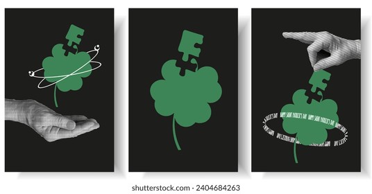 
Set Geometry shapes in neon green color. 3D puzzle Clover, Saint Patrick's day elements in trendy psychedelic rave style. 00s Y2k retro halftone aesthetic. Patrick concept. Vector for social media