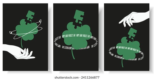 Set Geometry shapes in neon green color. 3D puzzle Clover, Saint Patrick's day elements in trendy psychedelic rave style. 00s Y2k retro futuristic aesthetic. Patrick concept. Vector for social media