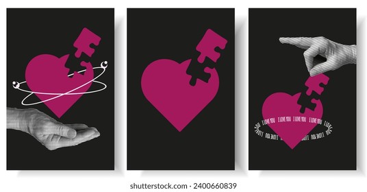 
Set Geometry shapes in neon pink color. 3D puzzle Heart, Valentines day elements in trendy psychedelic rave style. 00s Y2k retro halftone aesthetic. Love concept. Vector for social media