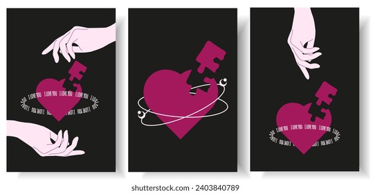 
Set Geometry shapes in neon pink color. 3D puzzle heart, Valentine's day elements in trendy psychedelic rave style. 00s Y2k retro futuristic aesthetic. Love concept. Vector art for social media