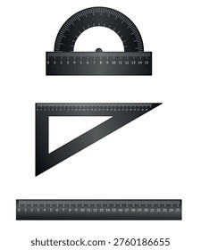 Set of geometry tools including ruler, protractor, set square and compass. Ideal for education and technical drawing.