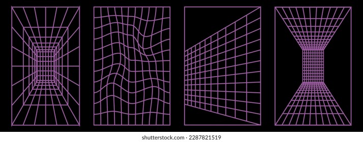 Set of geometry wireframe background shapes in neon lilac color. Abstract cyberpunk elements, patterns, posters in trendy psychedelic rave y2k style.